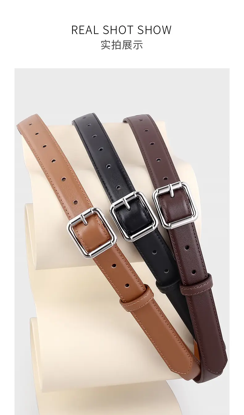 Women's Black Leather Belt with Buckle & Stitched Design — feature 14