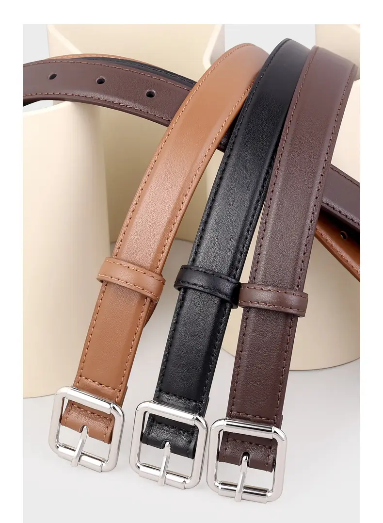 Women's Black Leather Belt with Buckle & Stitched Design — feature 15