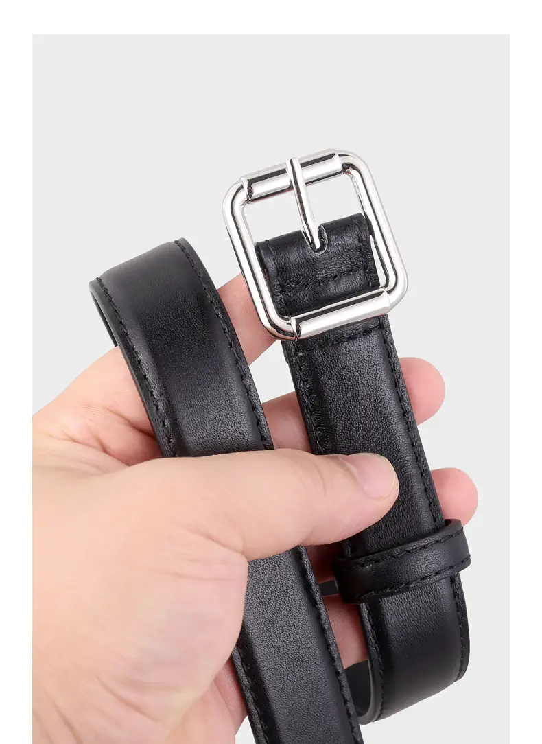 Women's Black Leather Belt with Buckle & Stitched Design — feature 16