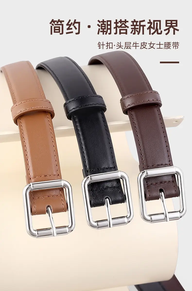 Women's Black Leather Belt with Buckle & Stitched Design — feature 4