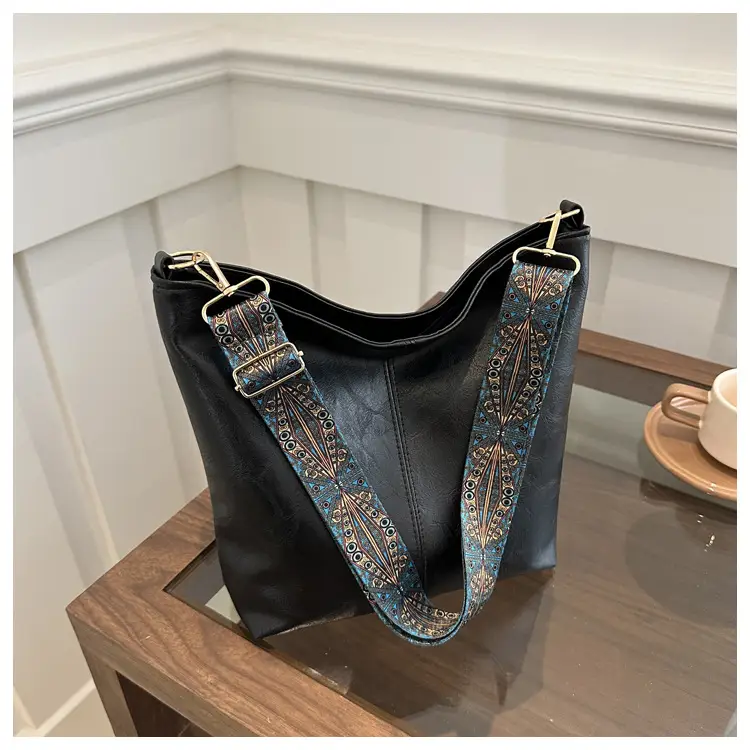 Women's Black Textured Shoulder Crossbody Tote Bag Large Capacity - Image 4