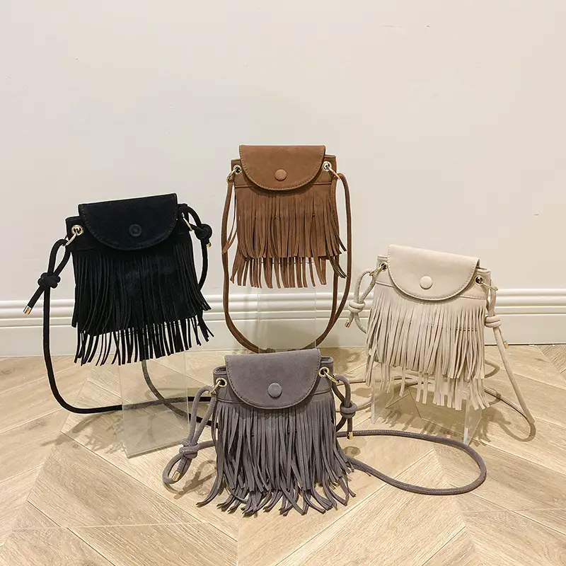 Women Tassel Phone Bag Suede Crossbody Brown