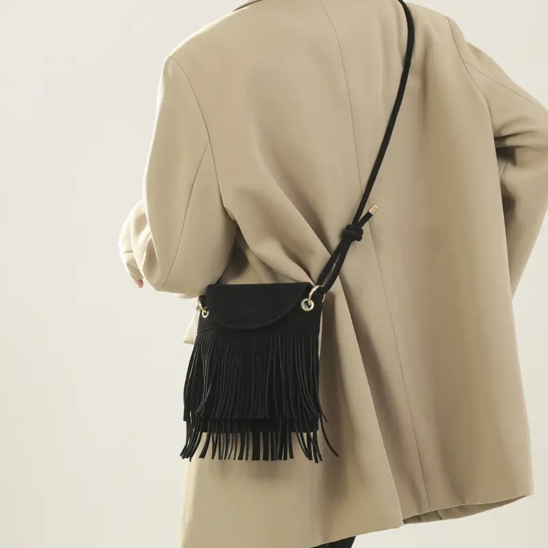 Women Tassel Phone Bag Suede Crossbody Brown