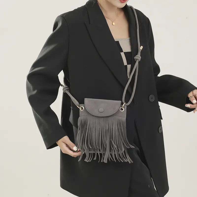 Women Tassel Phone Bag Suede Crossbody Brown