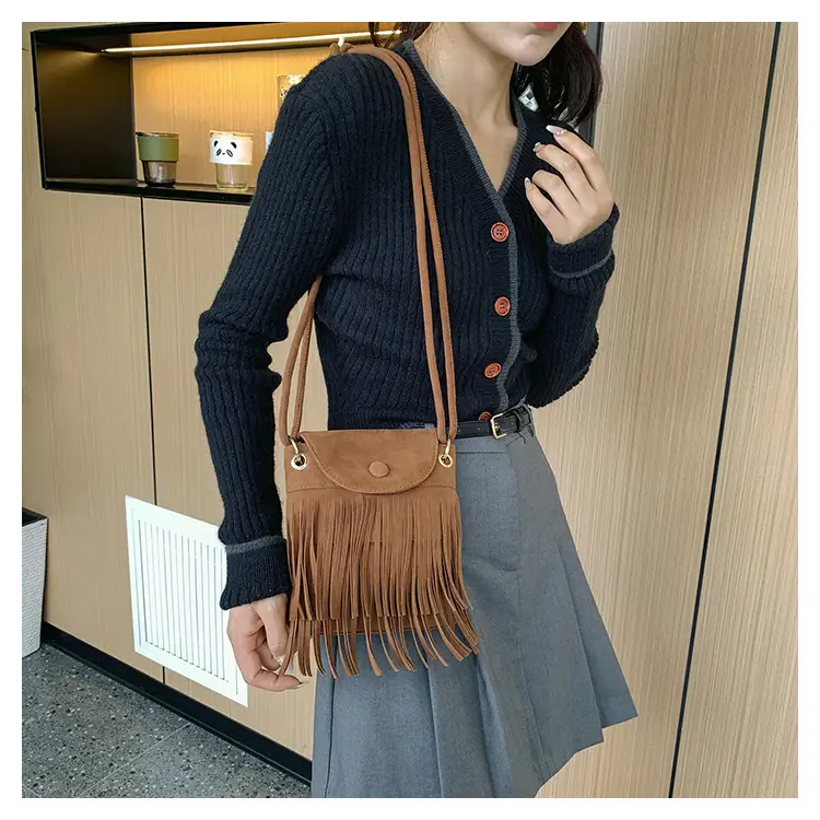 Women Tassel Phone Bag Suede Crossbody Brown — feature 10