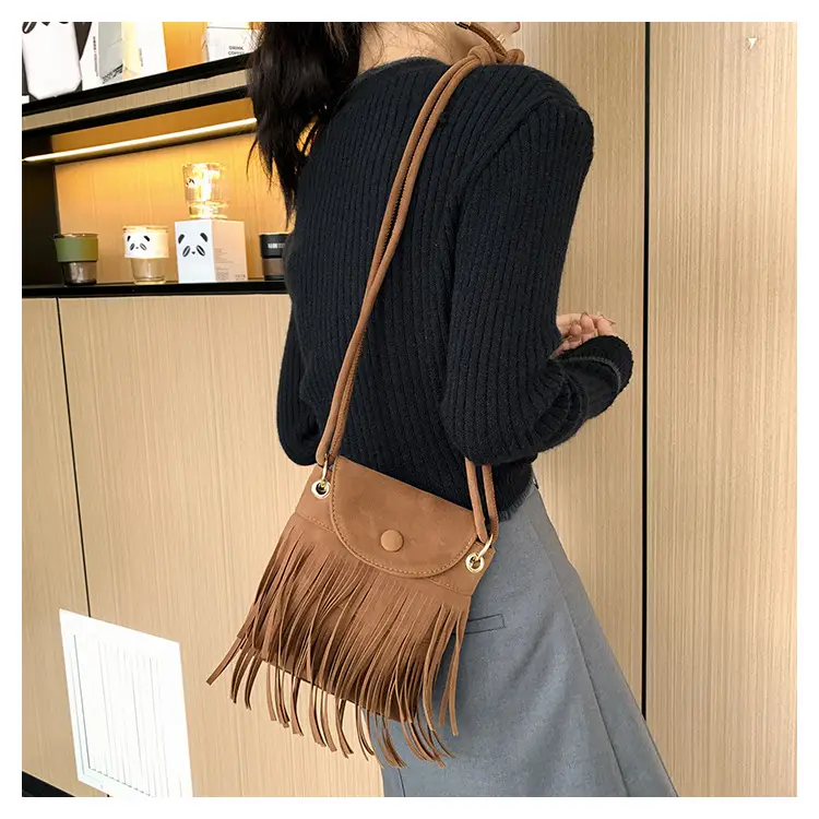 Women Tassel Phone Bag Suede Crossbody Brown — feature 11