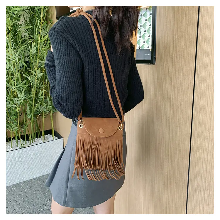 Women Tassel Phone Bag Suede Crossbody Brown — feature 12