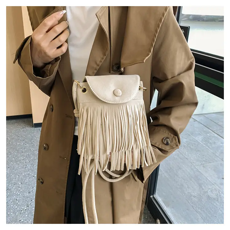 Women Tassel Phone Bag Suede Crossbody Brown — feature 15