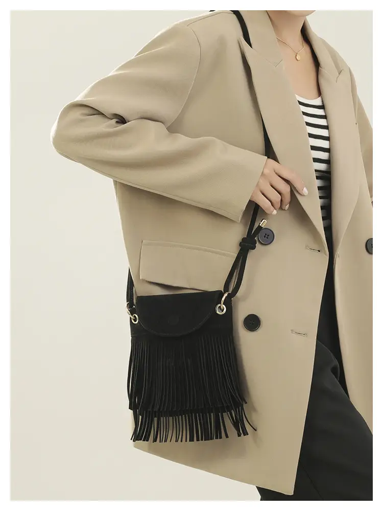 Women Tassel Phone Bag Suede Crossbody Brown — feature 16