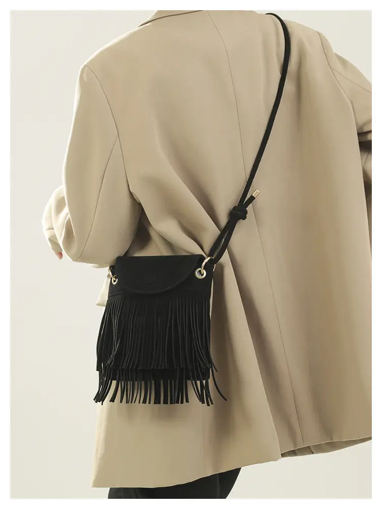 Women Tassel Phone Bag Suede Crossbody Brown — feature 17