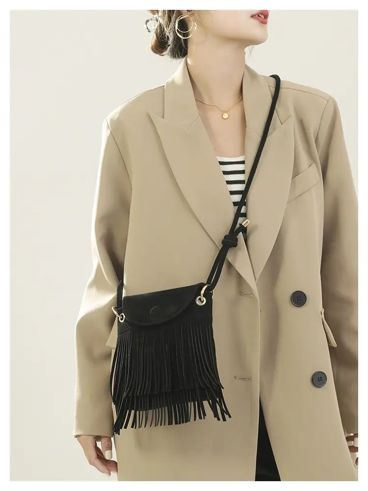 Women Tassel Phone Bag Suede Crossbody Brown — feature 18