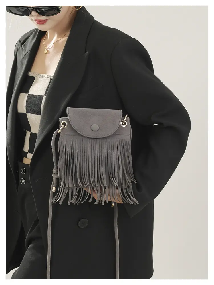 Women Tassel Phone Bag Suede Crossbody Brown — feature 19