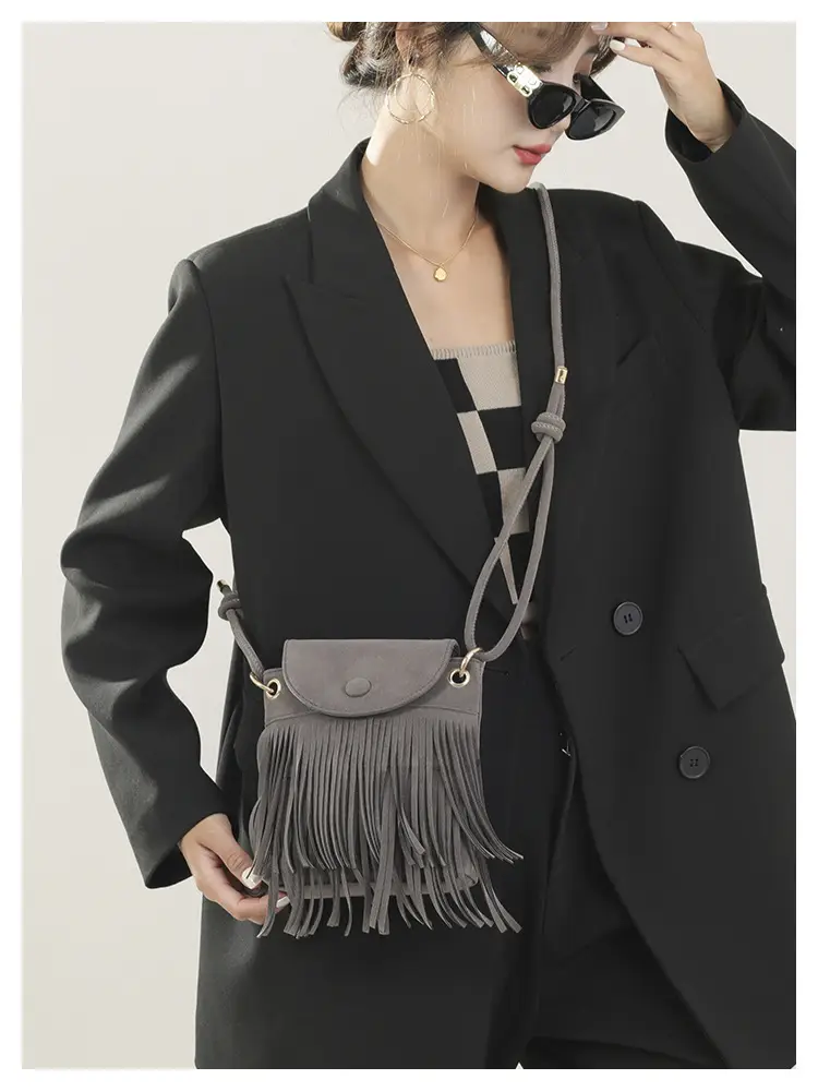 Women Tassel Phone Bag Suede Crossbody Brown — feature 20
