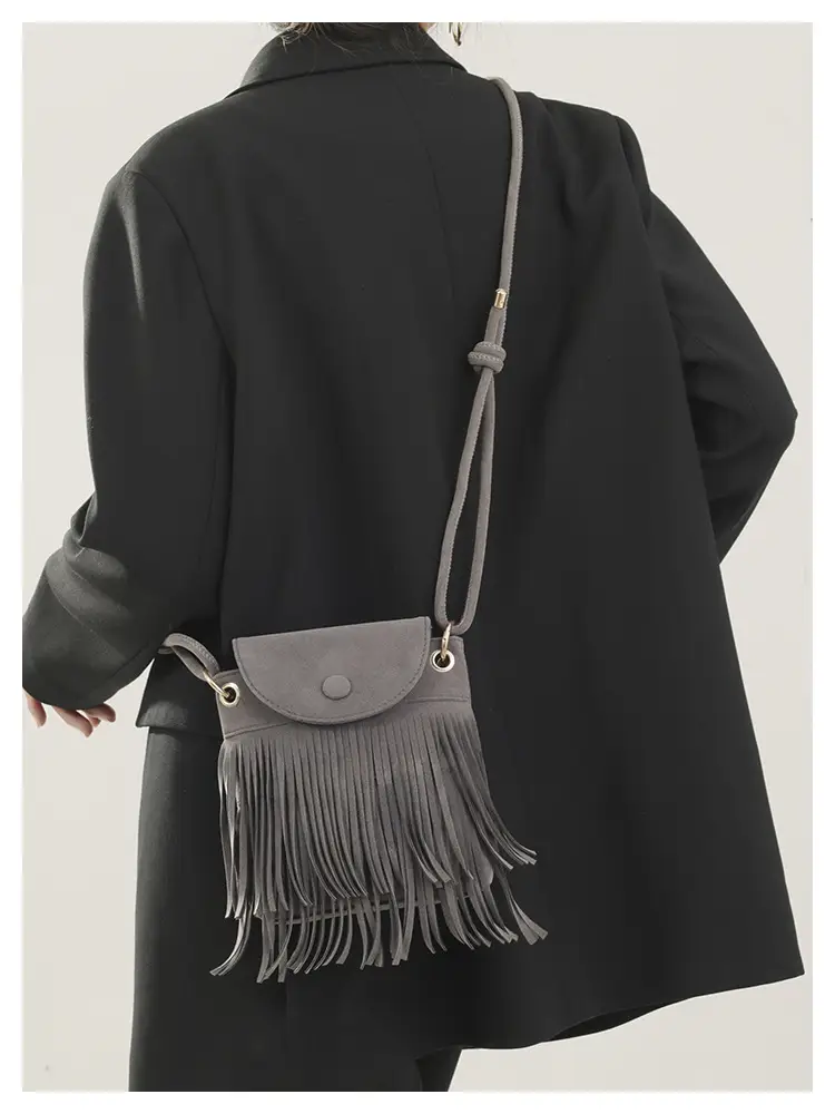 Women Tassel Phone Bag Suede Crossbody Brown — feature 21