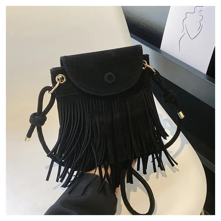 Women Tassel Phone Bag Suede Crossbody Brown — feature 22
