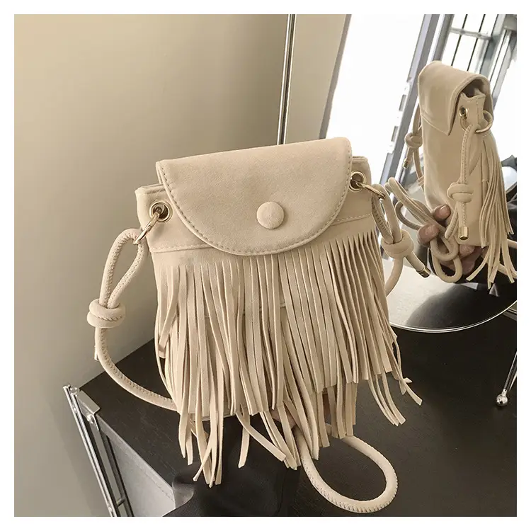 Women Tassel Phone Bag Suede Crossbody Brown — feature 23