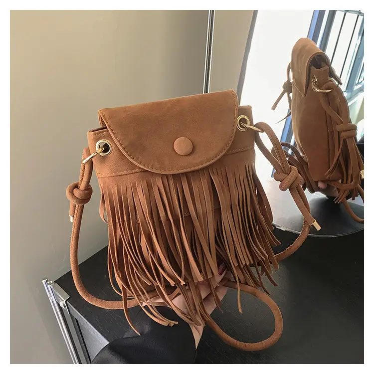 Women Tassel Phone Bag Suede Crossbody Brown — feature 24