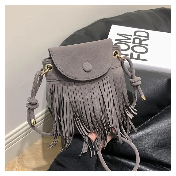 Women Tassel Phone Bag Suede Crossbody Brown — feature 25