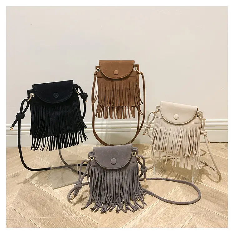 Women Tassel Phone Bag Suede Crossbody Brown — feature 26