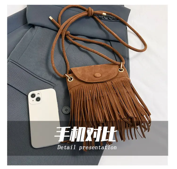 Women Tassel Phone Bag Suede Crossbody Brown — feature 4