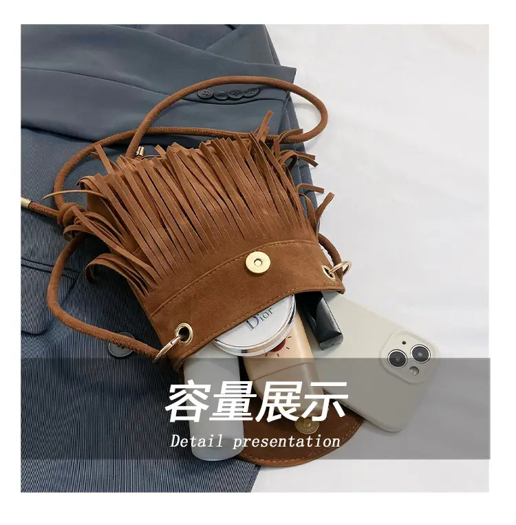 Women Tassel Phone Bag Suede Crossbody Brown — feature 7
