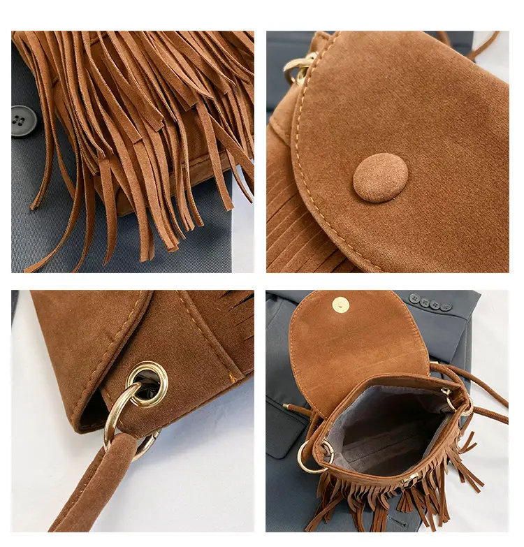 Women Tassel Phone Bag Suede Crossbody Brown — feature 8