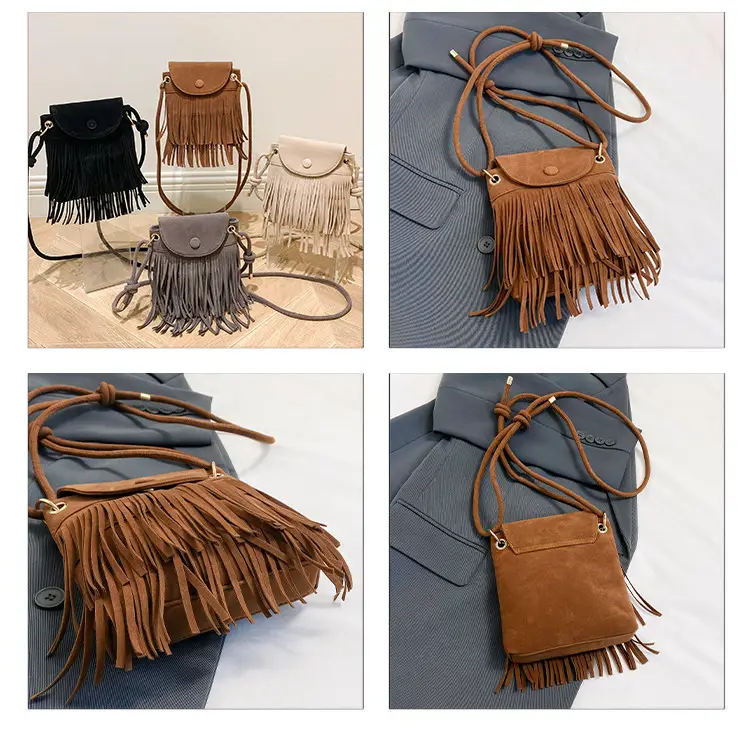 Women Tassel Phone Bag Suede Crossbody Brown — feature 9