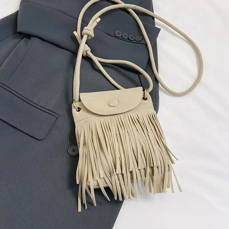Women Tassel Phone Bag Suede Crossbody Brown