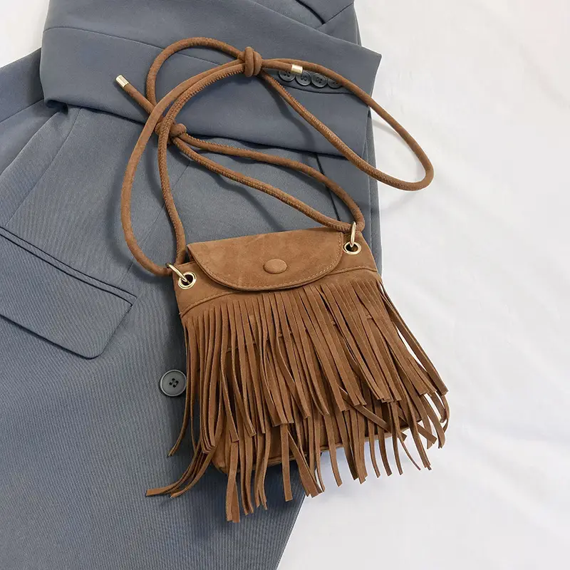 Women Tassel Phone Bag Suede Crossbody Brown