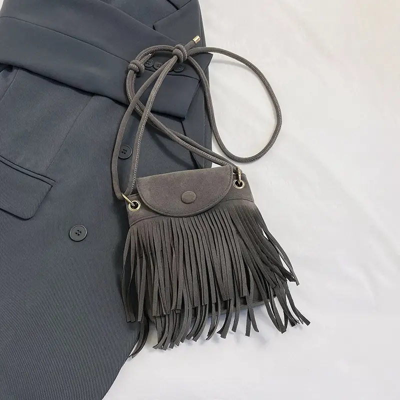 Women Tassel Phone Bag Suede Crossbody Brown