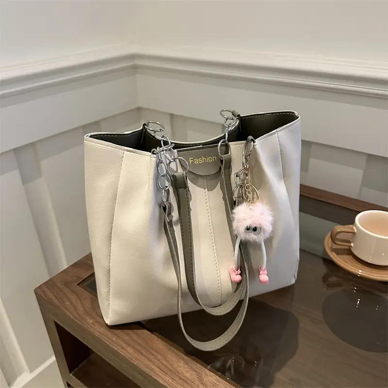 Women's White Textive Shoulder Bag with Cute Charm