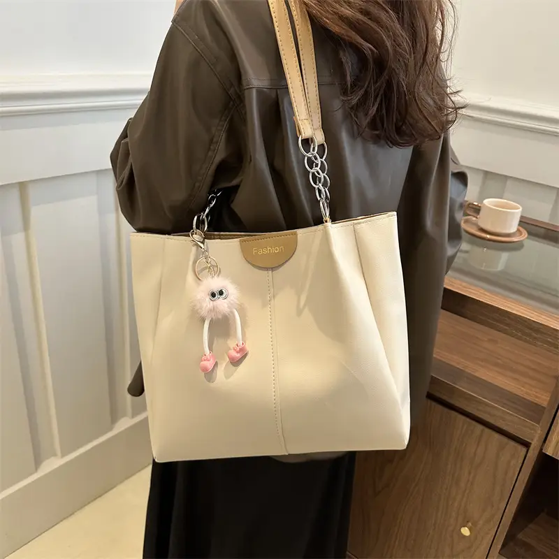 Women's White Textive Shoulder Bag with Cute Charm