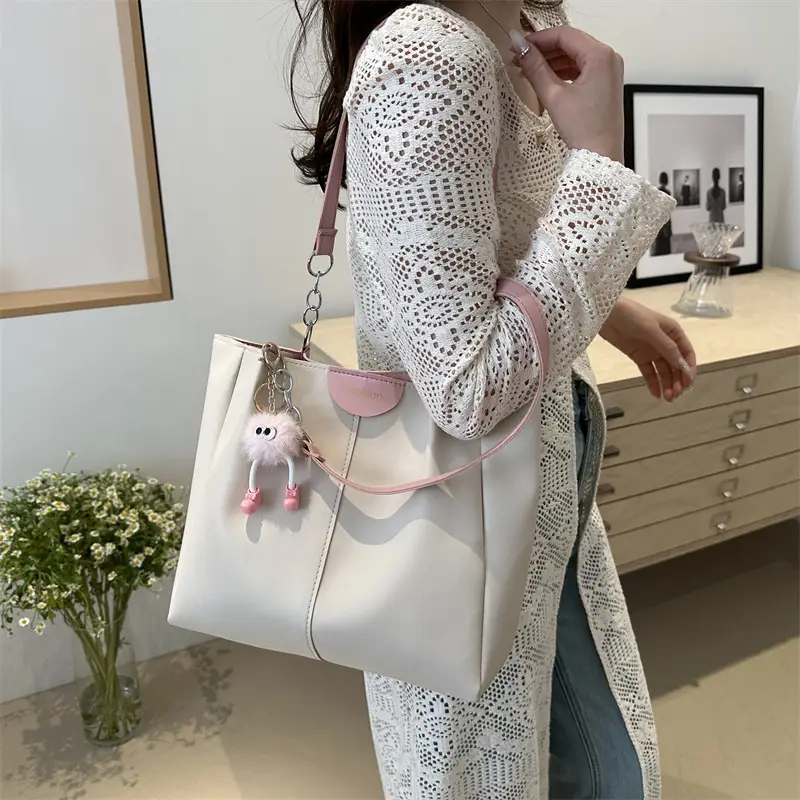 Women's White Textive Shoulder Bag with Cute Charm