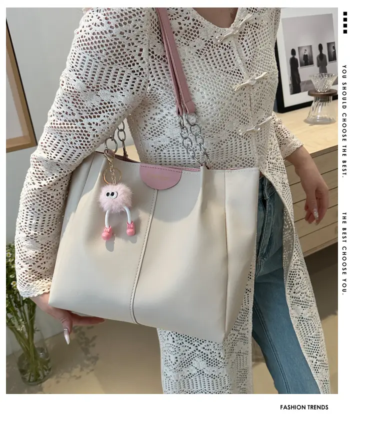 Women's White Textive Shoulder Bag with Cute Charm — feature 1