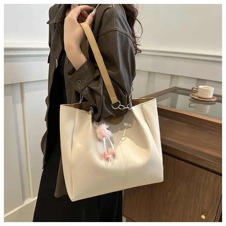 Women's White Textive Shoulder Bag with Cute Charm — feature 12