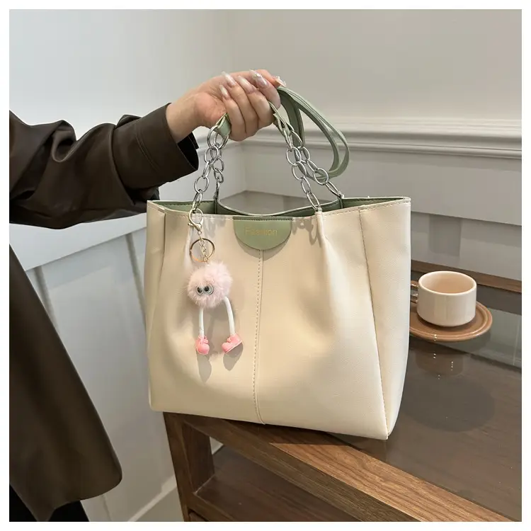 Women's White Textive Shoulder Bag with Cute Charm — feature 13