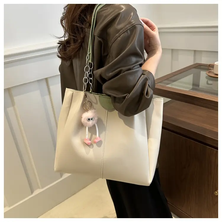 Women's White Textive Shoulder Bag with Cute Charm — feature 14