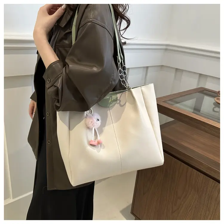 Women's White Textive Shoulder Bag with Cute Charm — feature 15