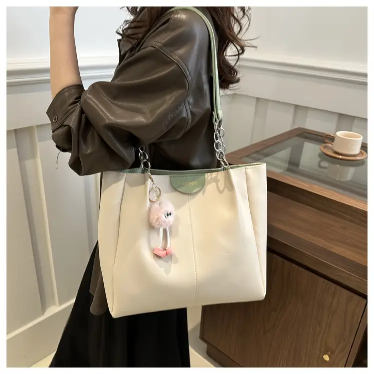 Women's White Textive Shoulder Bag with Cute Charm — feature 16
