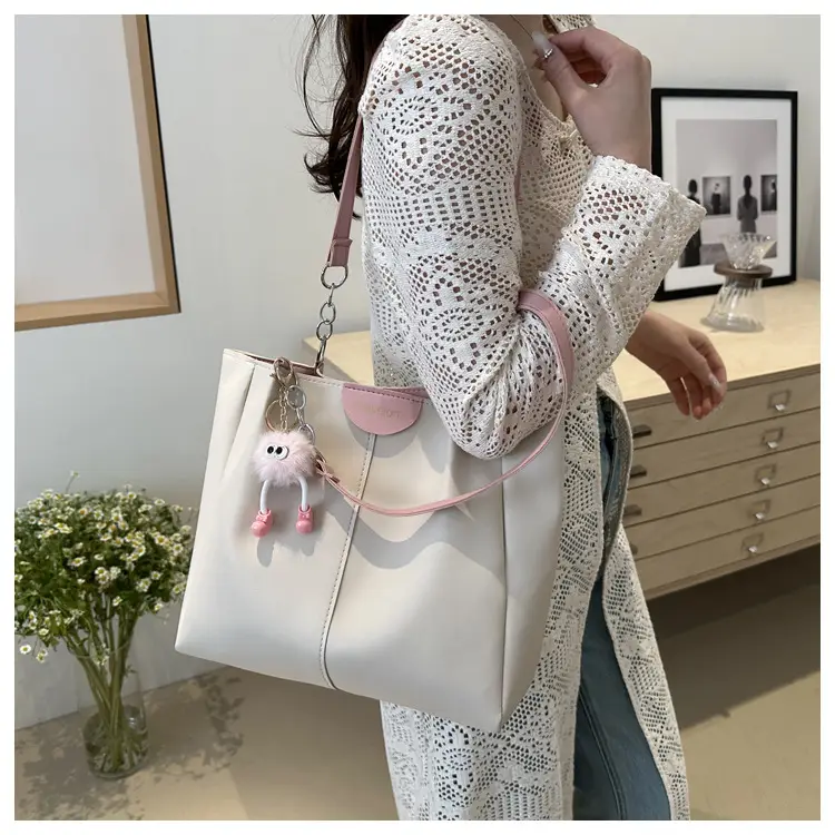 Women's White Textive Shoulder Bag with Cute Charm — feature 19