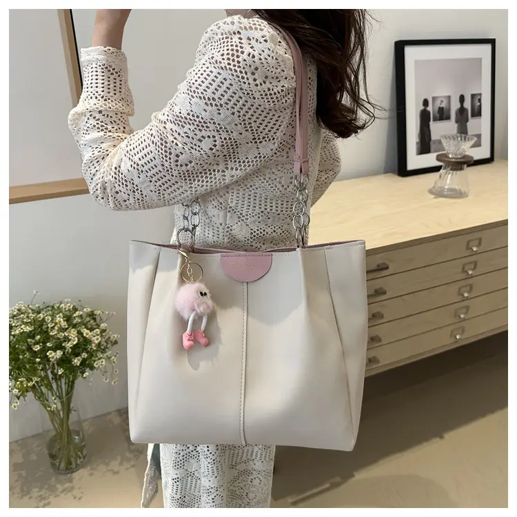 Women's White Textive Shoulder Bag with Cute Charm — feature 20