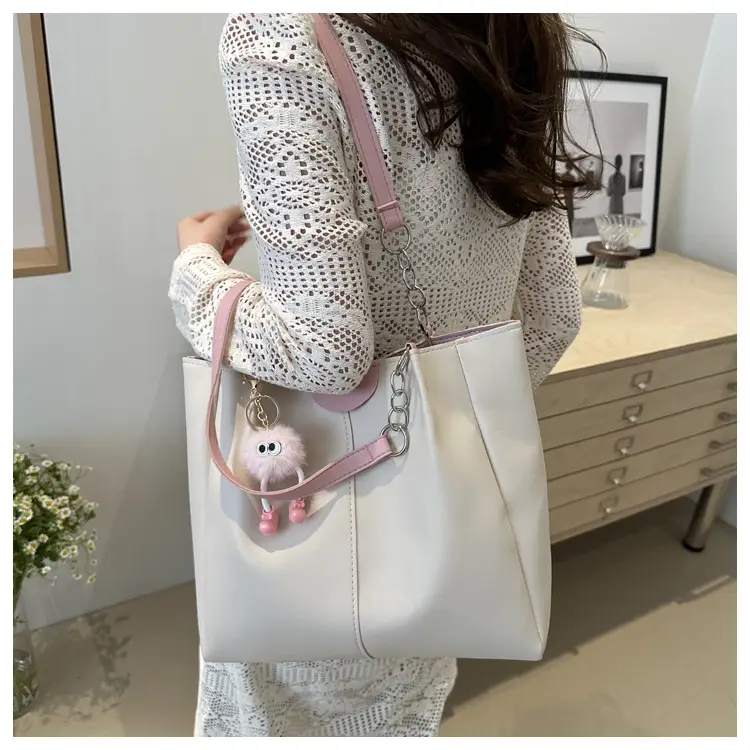 Women's White Textive Shoulder Bag with Cute Charm — feature 21