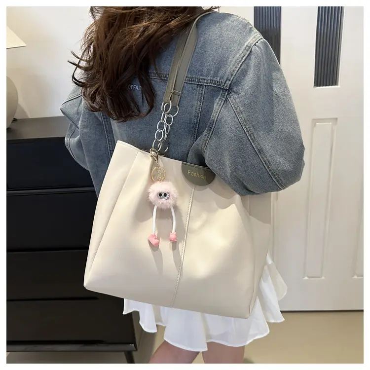 Women's White Textive Shoulder Bag with Cute Charm — feature 23
