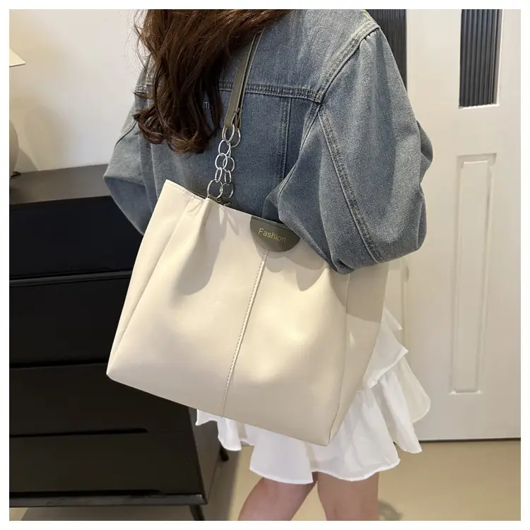 Women's White Textive Shoulder Bag with Cute Charm — feature 25