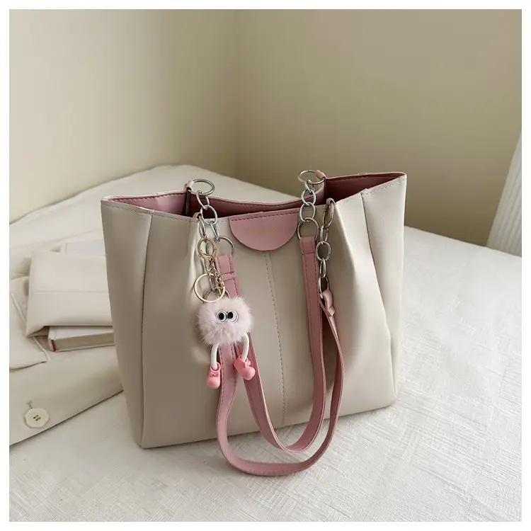 Women's White Textive Shoulder Bag with Cute Charm — feature 27