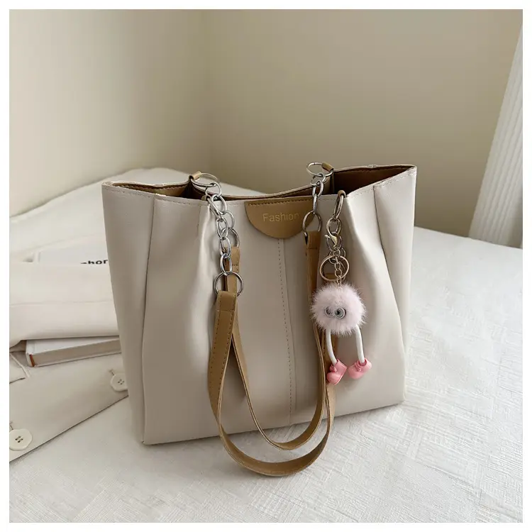 Women's White Textive Shoulder Bag with Cute Charm — feature 29