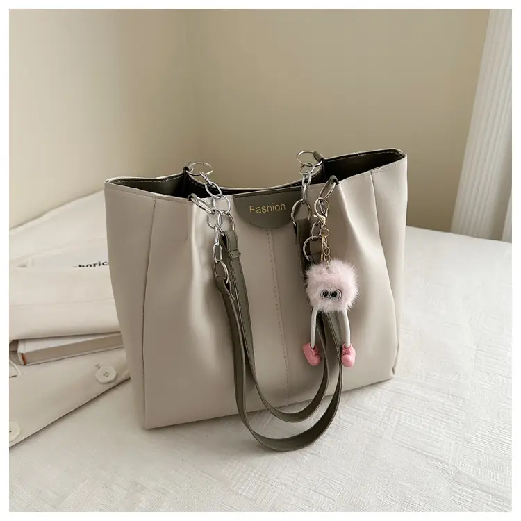 Women's White Textive Shoulder Bag with Cute Charm — feature 30