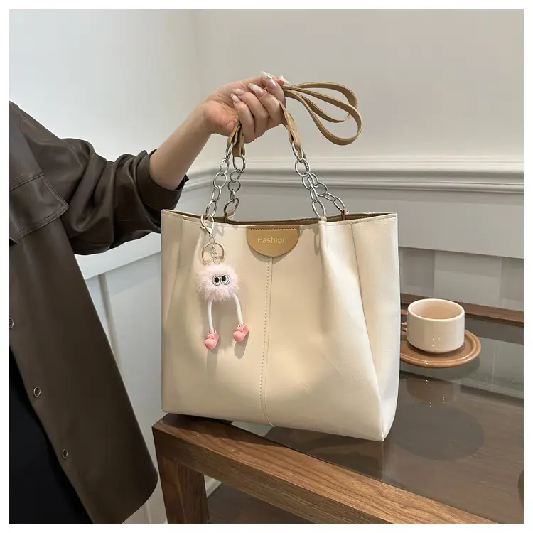 Women's White Textive Shoulder Bag with Cute Charm — feature 9