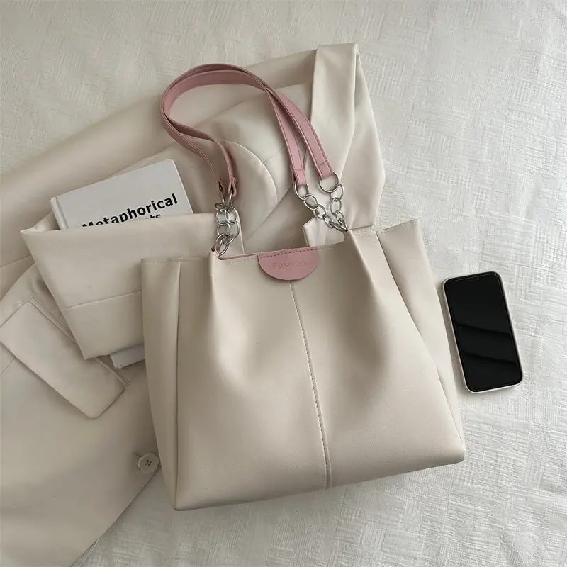 Women's White Textive Shoulder Bag with Cute Charm