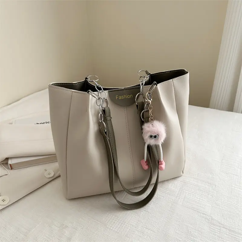 Women's White Textive Shoulder Bag with Cute Charm